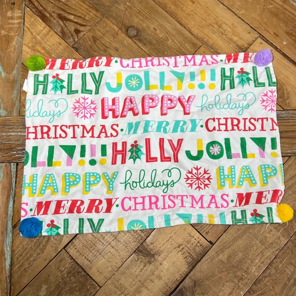 Rainbow Pink Color Christmas Holiday Table Runner & 2 Placemats Pompoms‎